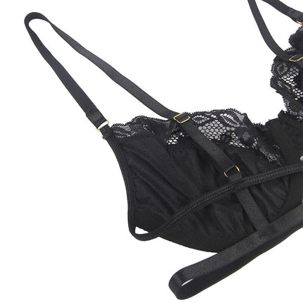 SUBBLIME - LOT 3 PIÈCES SOUTIEN-GORGE + STRING + JARRETIÈRE DENTELLE NOIR L/XL