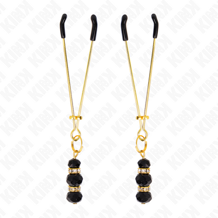 KINK - PINCES À TETON FINES OR AVEC 3 BILLES DE VERRE NOIR 7 CM