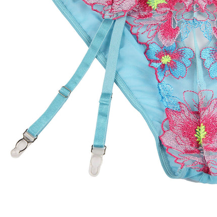 SUBBLIME - 954109 SOUTIEN-GORGE + CULOTTE AVEC PORTE-JARRETELLES MOTIF FLORAL BLEU S/M