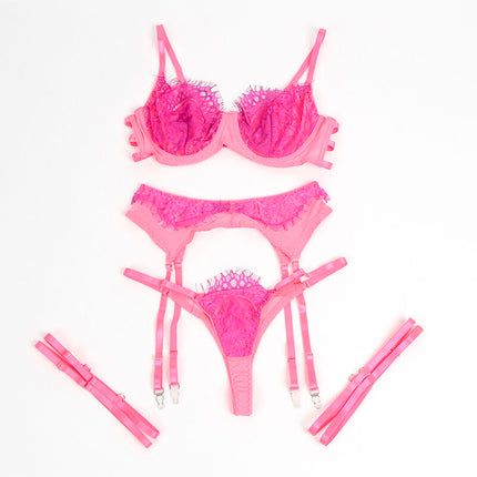 SUBBLIME - 955366 ENSEMBLE SOUTIEN-GORGE AVEC LIGNES DE DENTELLE ET JARRETELLES ROSE ET VIOLET L/XL