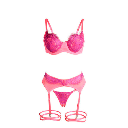 SUBBLIME - 955366 ENSEMBLE SOUTIEN-GORGE AVEC LIGNES DE DENTELLE ET JARRETELLES ROSE ET VIOLET L/XL