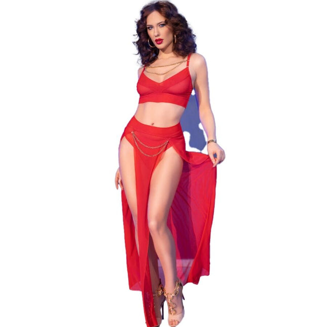 CHILIROSE - CR 4850 ENSEMBLE TOP ET LEGGINGS ROUGE AVEC ACCESSOIRES DORÉS L