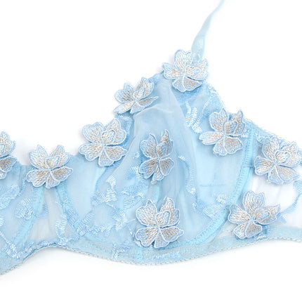 SUBBLIME - 957629 ENSEMBLE SOUTIEN-GORGE ET CULOTTE BRODÉS DE FLEURS BLEU CIEL S/M