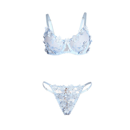SUBBLIME - 957636 ENSEMBLE SOUTIEN-GORGE ET CULOTTE BRODÉS DE FLEURS BLEU CIEL L/XL