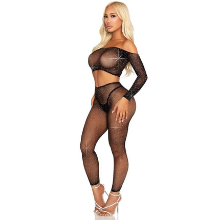 LEG AVENUE - CROP TOP ET LEGGING RÉSILLE AVEC STRASS NOIR